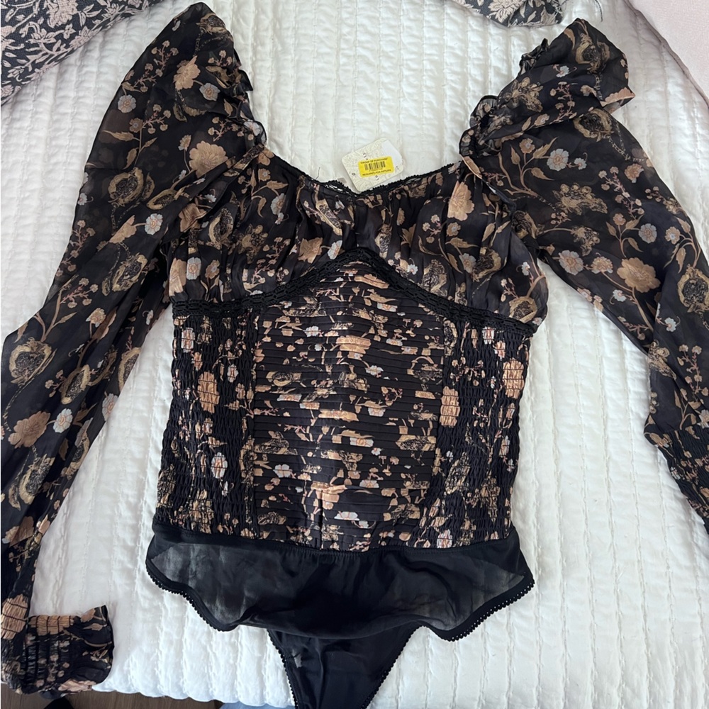 Free People Black and Cream Floral Bodysuit